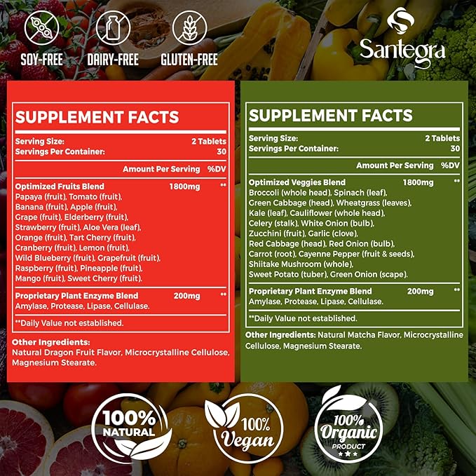 2000 MG Fruit and Veggies Supplement, 35+ Fruits and Vegetables for Daily Variety, 100% Whole Food Superfoods, Natural Vitamins for Women & Men, Sugar-Free, Gluten-Free, Vegan, 240 Tablets