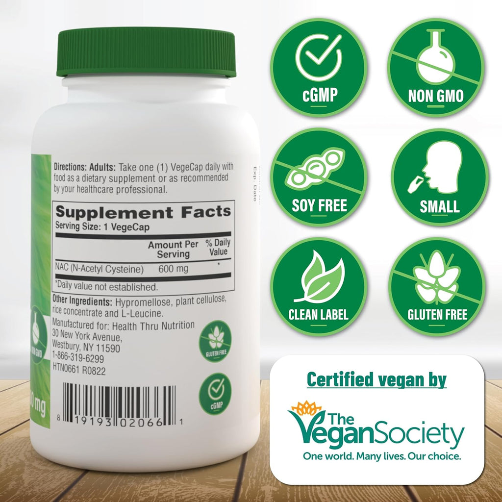 Health Thru Nutrition NAC N-Acetyl-Cysteine 600mg 60 Capsules | Vegan Certified | The Purest NAC Supplement | Supports Healthy Lung, Liver Functions & Cellular Health | Non-GMO Soy & Gluten Free