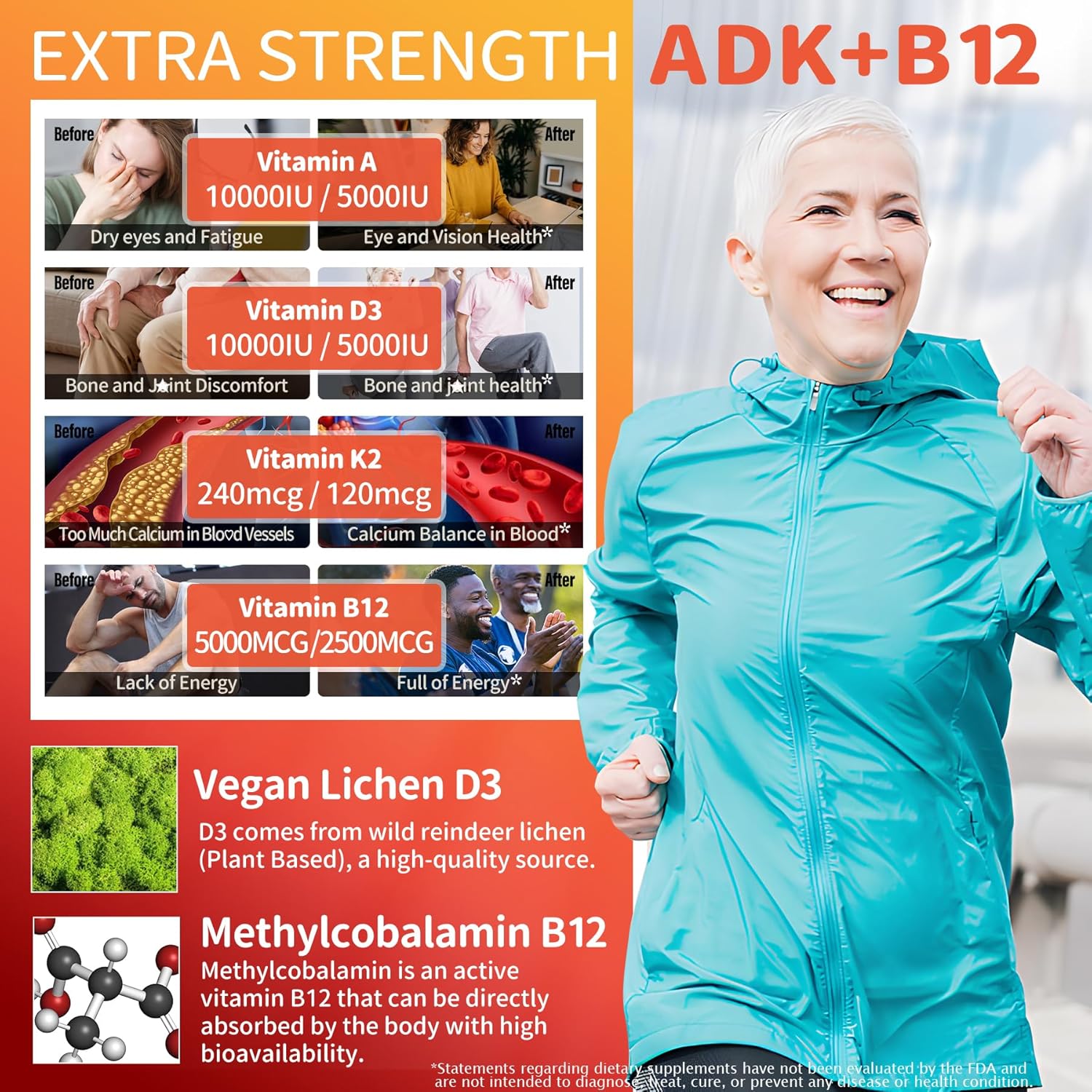 Sugar-Free ADK+Vitamin B12 Gummies - Vitamin D3 K2 10,000IU/ 5000IU, B12 5000mcg 2500mcg, K2 (MK-7) 240mcg, Multivitamin Adults-Vitamin A,Vegan Vitamin D,Methyl B12,C,Zinc-Eye,Bone,Energy,Nerve,Immune