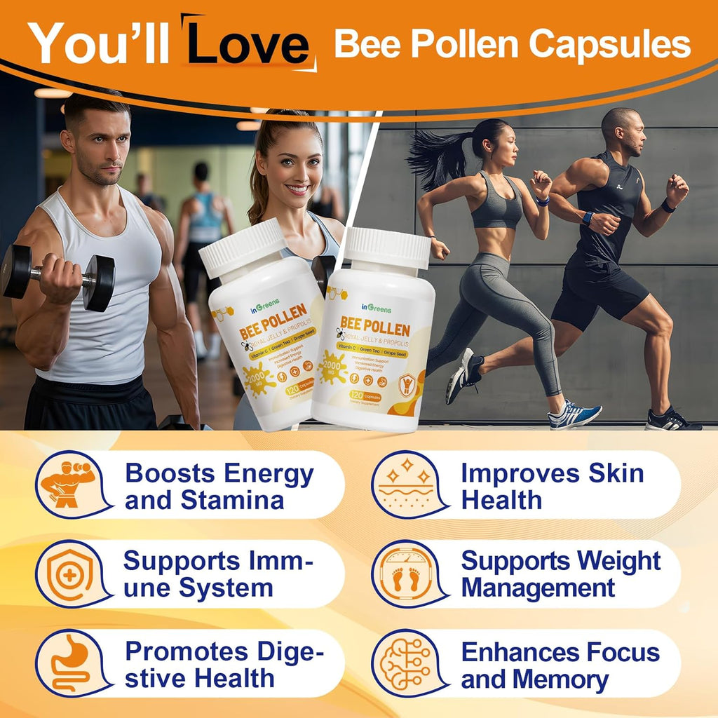 Organic 6-in-1 Bee Pollen Supplement - 2000mg Per Serving - Bee Pollen for Women & Men - Superfood for Immune & Energy Support - Non-GMO, Made in USA - 120 Capsules