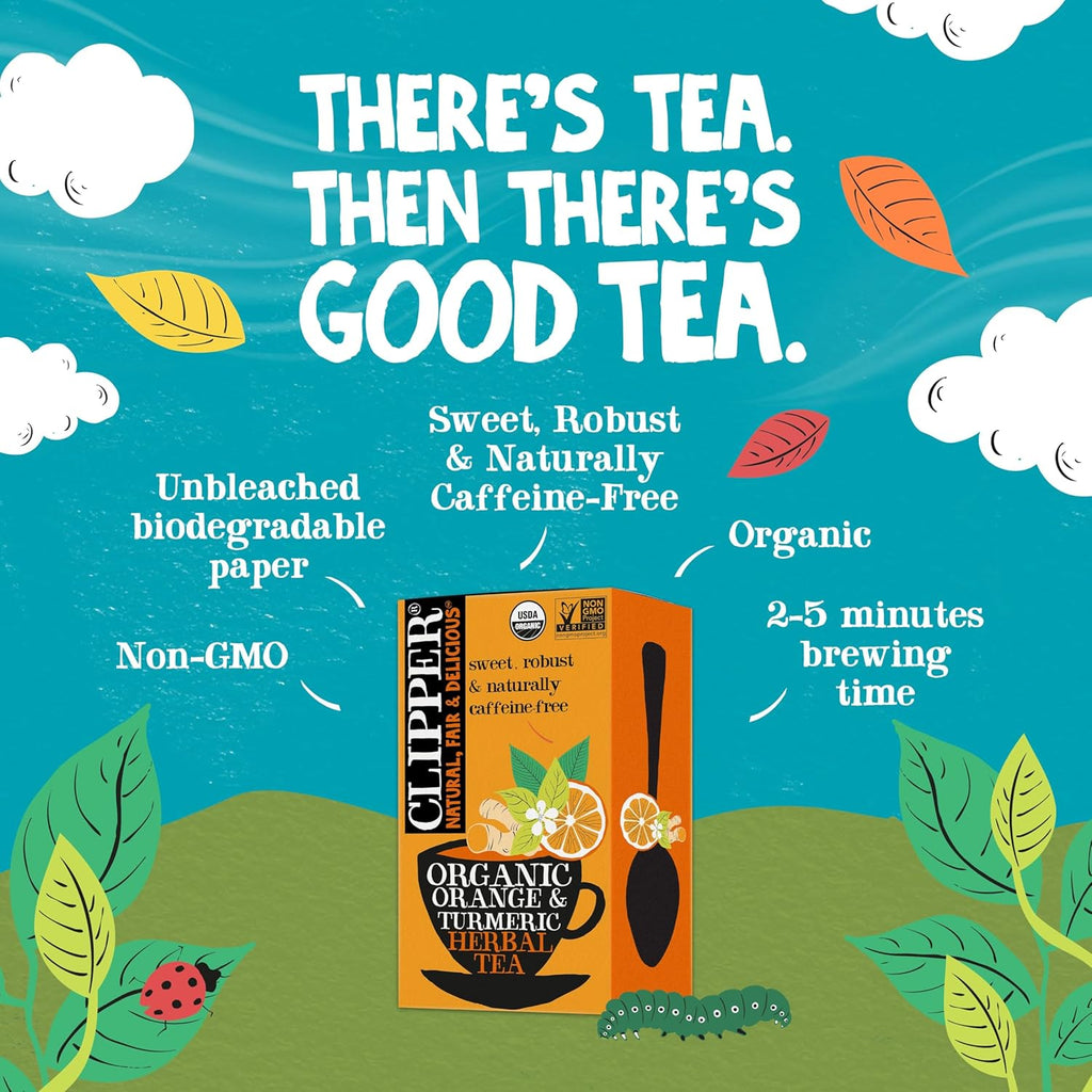 Clipper Tea, Orange & Turmeric, Organic Tea with Licorice Root, Orange Peel and Hibiscus, Plant Based Herbal Tea, Caffeine Free British Tea, 6 Pack, 120 Unbleached Tea Bags