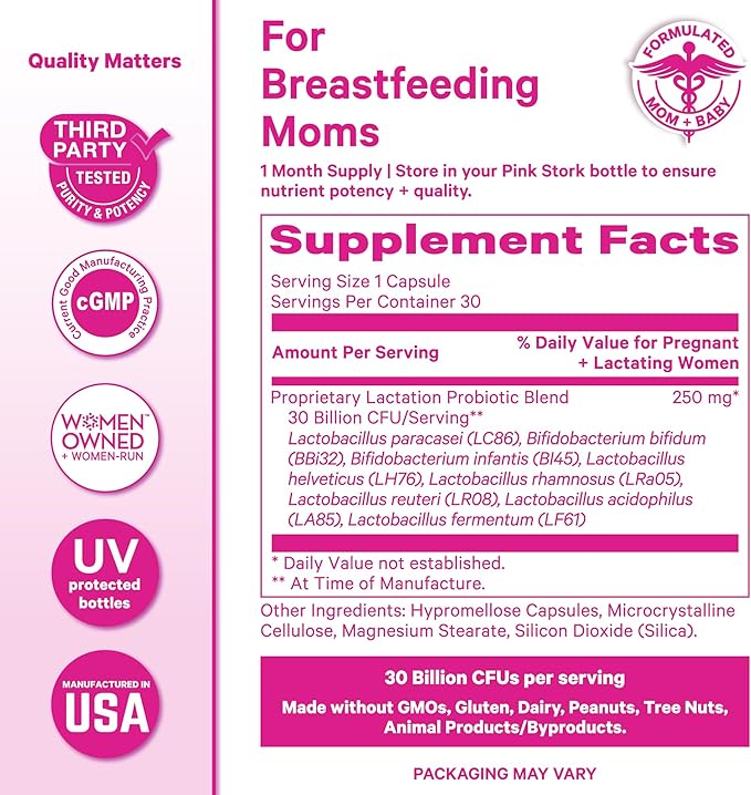 Pink Stork Lactation Probiotic - 30 Billion CFUs Multi Strain Postnatal Probiotics for Breastfeeding Women - Support Breast Milk & Gut Health, Postpartum Essentials, Mint Essence, 30 Capsules
