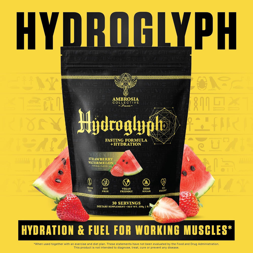 Ambrosia Hydroglyph Intraworkout Electrolytes Hydration Drink Mix | Sugar Free Electrolyte Powder with Amino Acids | Supports Lean Muscle During Fasting | 30 Servings | Strawberry Watermelon