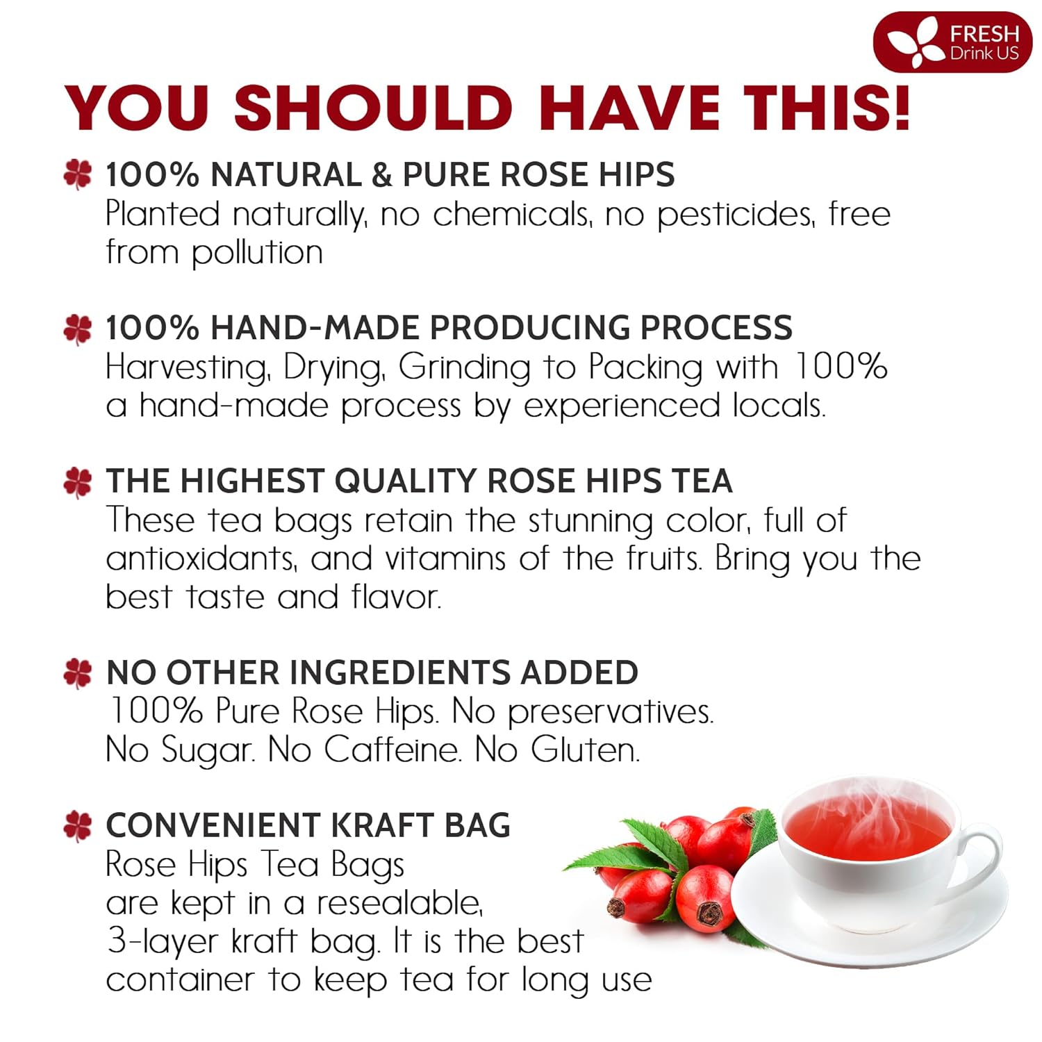 FreshDrinkUS, Premium 30 Rosehip Tea Bags, 100% Natural & Pure from Rose Hip Fruits. Loose Rosehip Herbal Tea. Made with Natural Material Tea Bags. No Sugar, No Caffeine, No Gluten, Vegan.