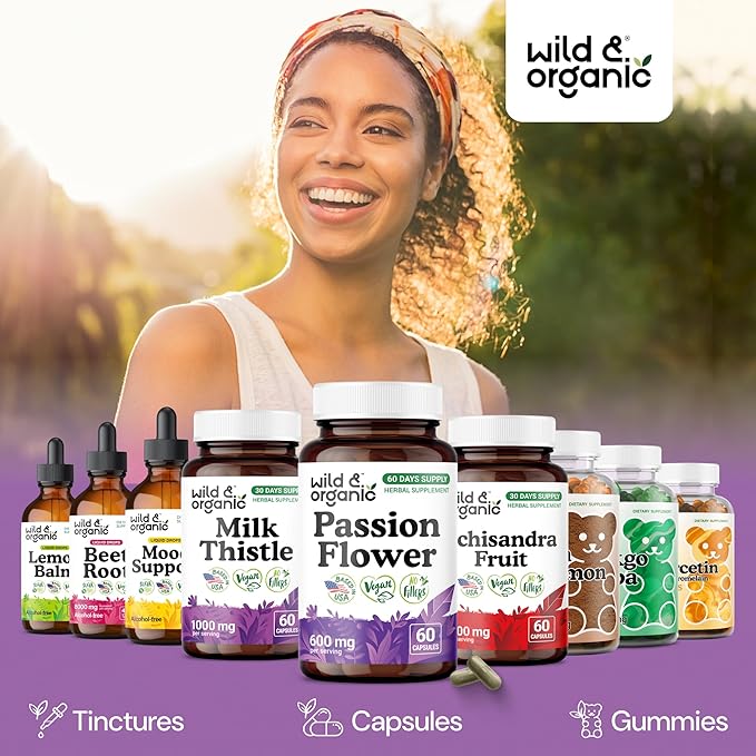 Wild & Organic Passion Flower Capsules 600 mg - Relaxation & Mood Support - Passionflower Extract Supplement - Passiflora Incarnata Herb - Vegan, No Fillers, Non-GMO - 60 Count