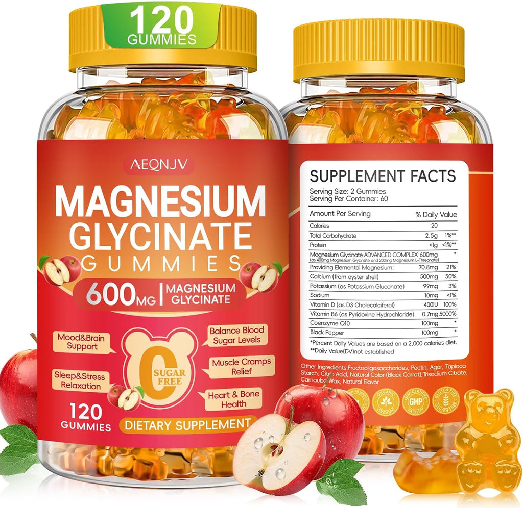 Magnesium Glycinate Gummies 600mg High Absorption, Magnesium Glycinate for Women and Men with Vitamin D, B6, and CoQ10 for Adults & Kids, Magnesium Supplement for Calm Support & Sleep, 120 Count