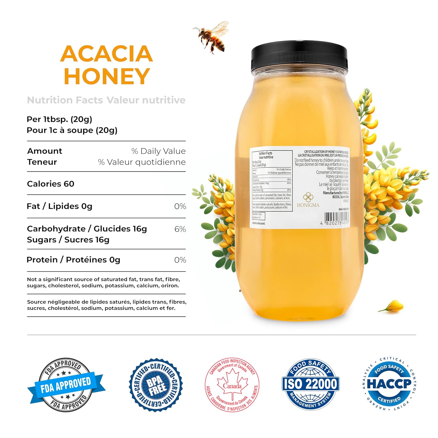 HONIGMA® Marma Acacia Honey | Authentic Raw Honey from Ukraine | 100% Pure & Unpasteurized | 1000g/35.2oz | May Arrive Partially Crystallized | Pack of 4