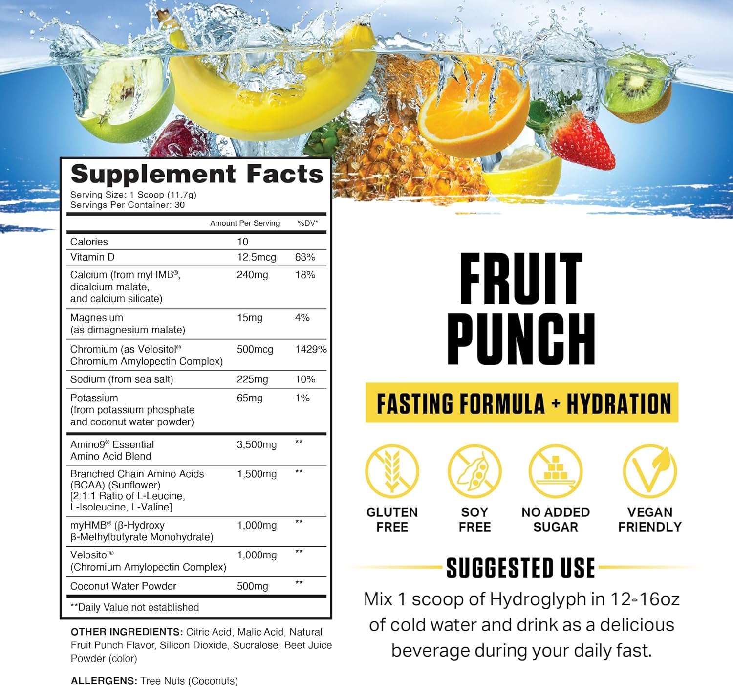 Ambrosia Hydroglyph Intraworkout Electrolytes Hydration Drink Mix | Sugar Free Electrolyte Powder with Amino Acids | Supports Lean Muscle During Fasting | 30 Servings | Fruit Punch