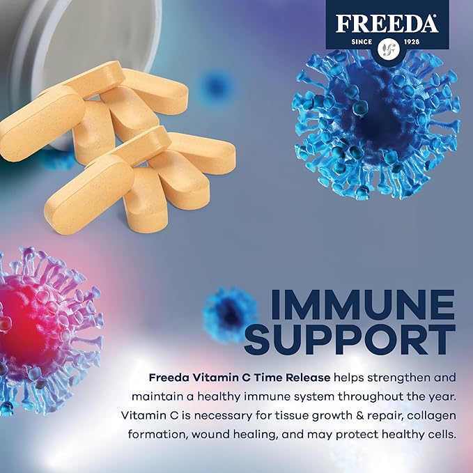 FREEDA Vitamin C - Timed Release 1000mg – Slow-Release for All-Day Immune & Antioxidant Support, Gentle on Stomach, Kosher & Vegan, High-Absorption Tablets (250 Tablets)