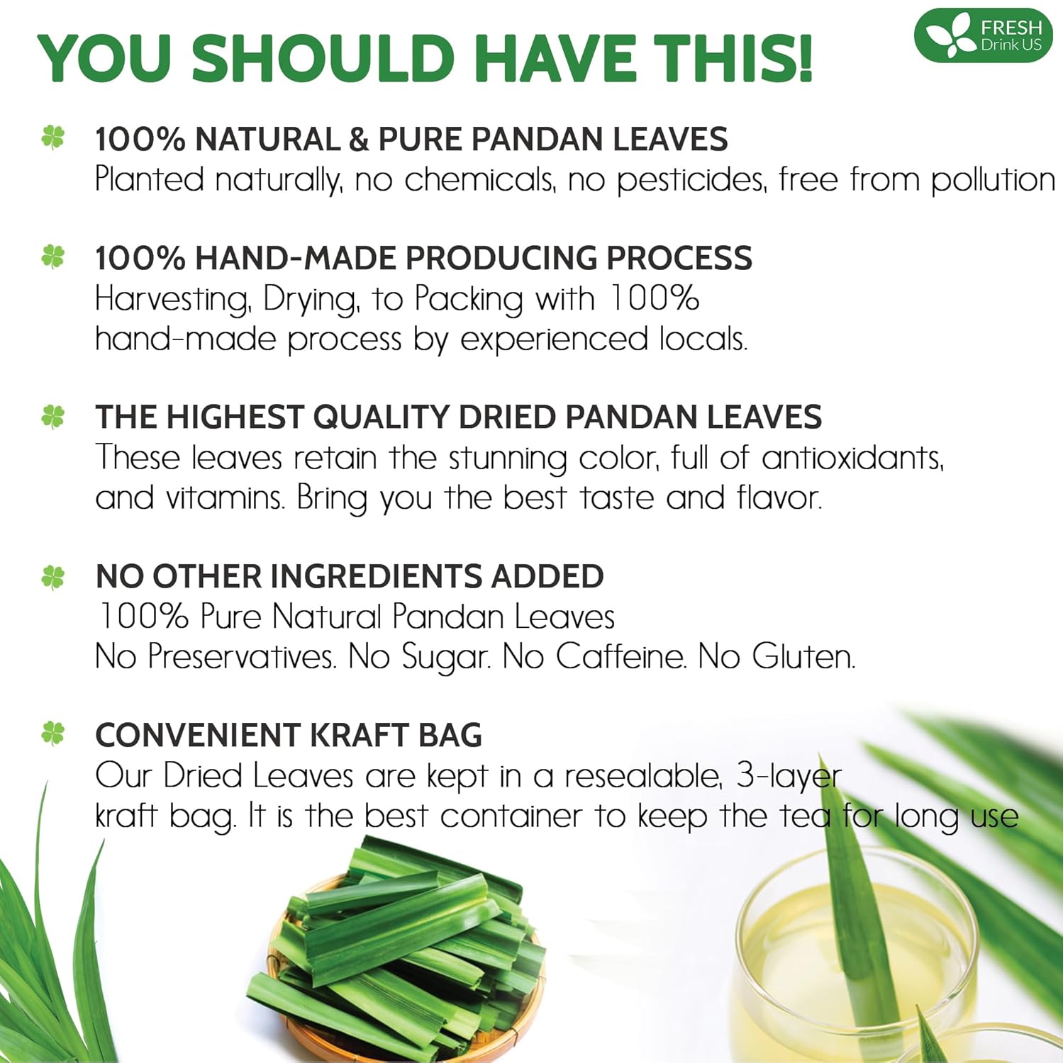 FreshDrinkUS, Premium 8oz Natural Pandan Leaves Dried, 100% Pure Dried Pandan Leaves, Pandan Leaf Tea, No Additives, No Caffeine, Vegan (8 oz Dried Leaves)