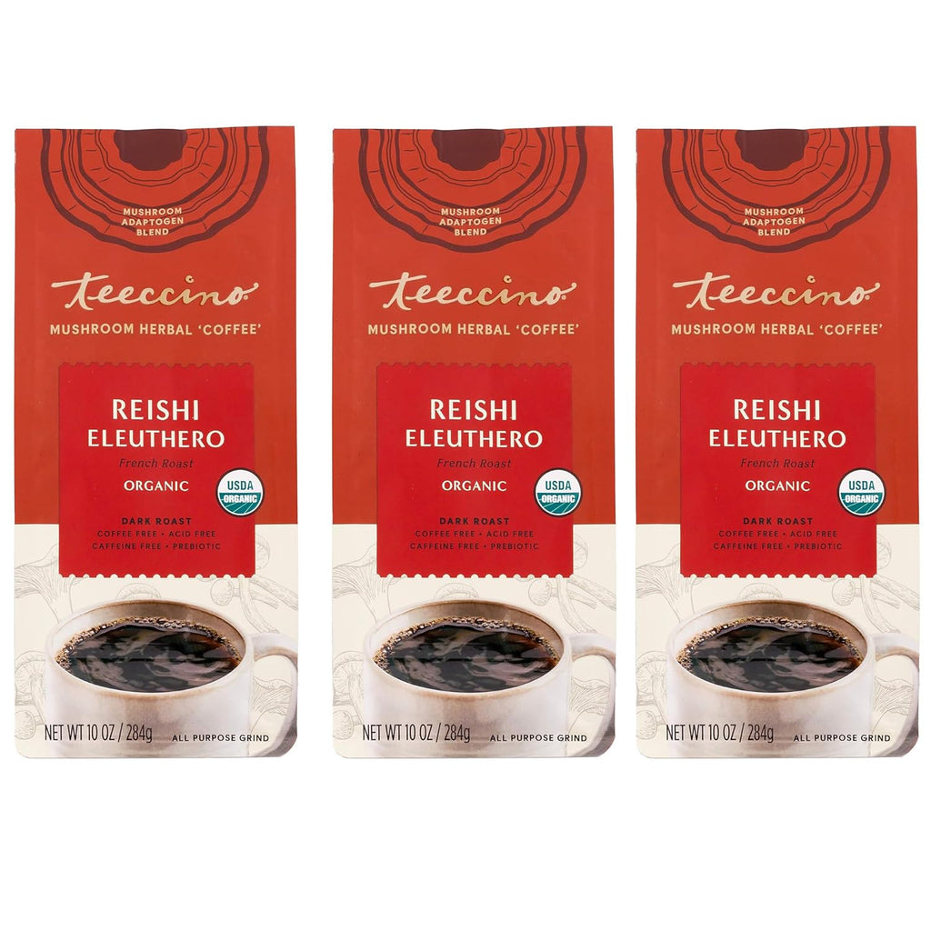 Teeccino Reishi Eleuthero Coffee Alternative - French Roast - Organic Adaptogenic Herbal Mushroom Coffee, Dark Roast, Caffeine Free, Prebiotic, Acid Free, All-Purpose Grind - 10 Oz, Pack of 3