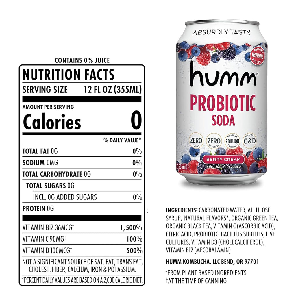 Humm Sparkling Probiotic Berry Cream Soda, Zero Sugar, Zero Calorie, 2 Billion Probiotics, Vitamin C, D, and B12, 12 fl oz (12 Pack)