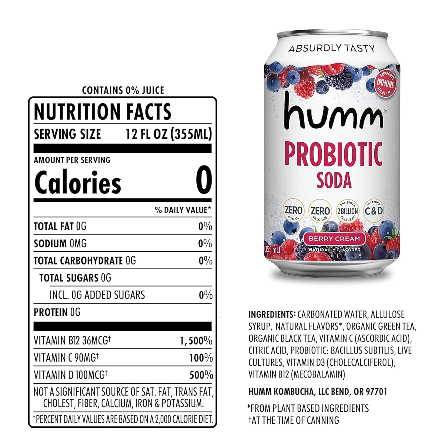 Humm Sparkling Probiotic Berry Cream Soda, Zero Sugar, Zero Calorie, 2 Billion Probiotics, Vitamin C, D, and B12, 12 fl oz (12 Pack)