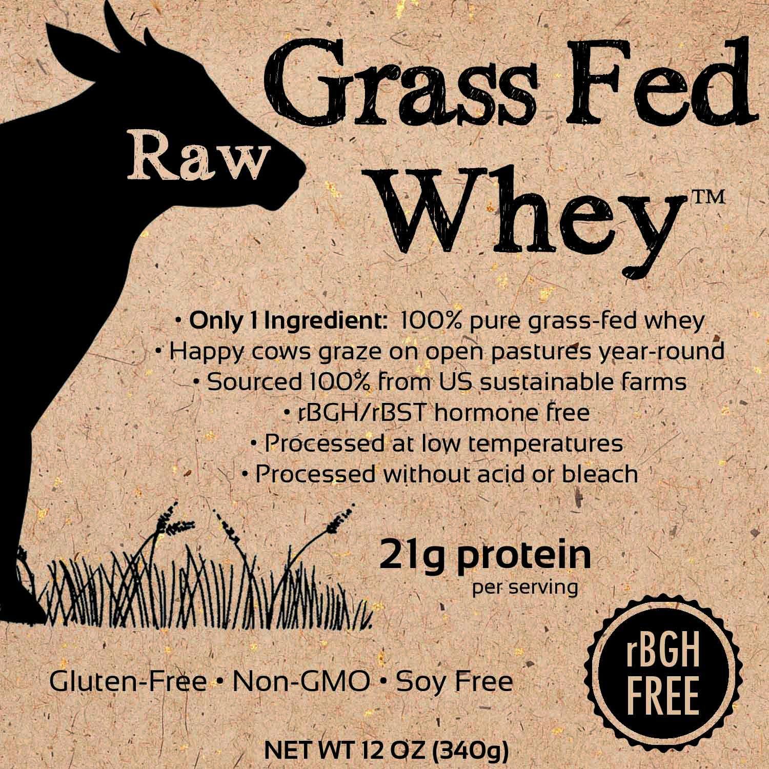 Raw Grass Fed Whey Protein Powder – Unflavored, Only 1 Ingredient: 100% Pure Grass-Fed Whey from Happy, Healthy Cows – Undenatured, Non-GMO, Hormone-Free, Gluten-Free, Made in USA, 12 OZ