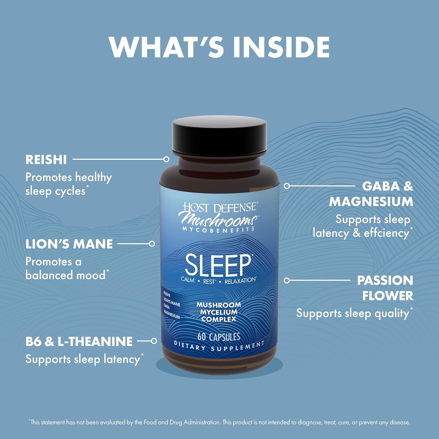 Host Defense MycoBenefits Sleep* Capsules - Rest Support for Healthy Sleep Quality - Calming Supplement with Magnesium, Lion's Mane & GABA - Aids Balanced Rest Cycles - 60 Capsules (30 Servings)*