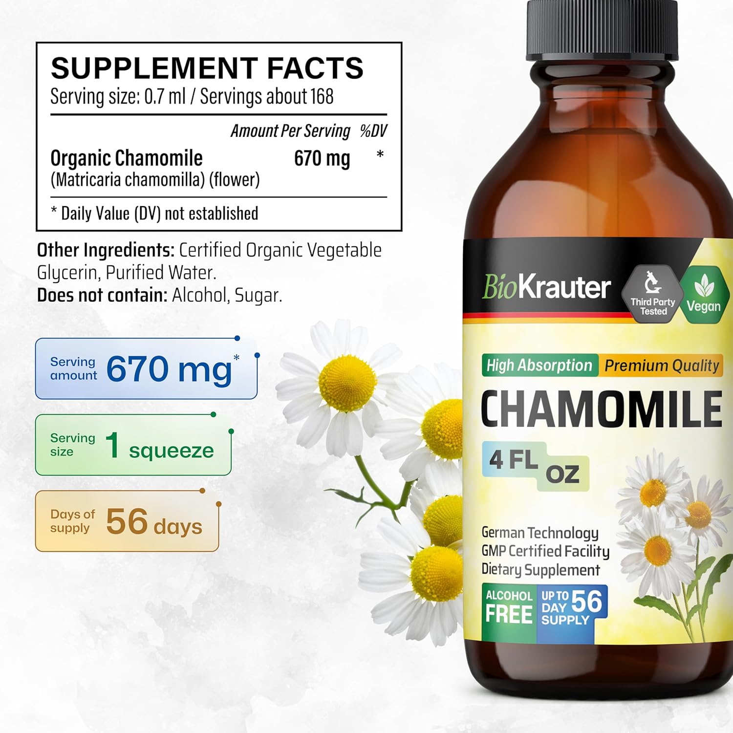 BIO KRAUTER® Chamomile Extract - Liquid Drops Pure Vegan Chamomile Supplement 670 mg per Serving 4 Fl.Oz 56-Day Supply - Used for Calm & Relax - Alcohol & Sugar Free - Natural Calm & Sleep Support