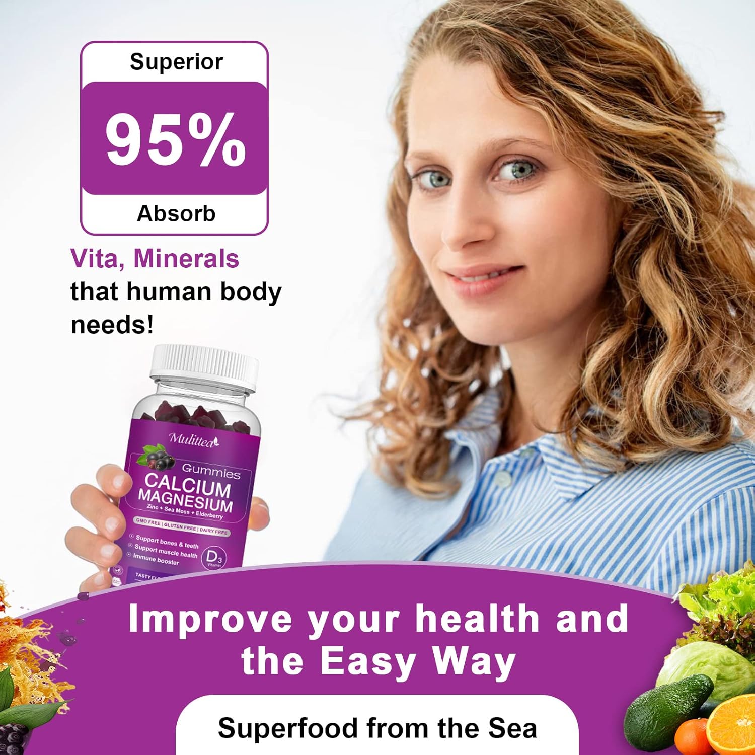Calcium Magnesium Zinc Gummies with High Absorption Magnesium Glycinate 200mg, Potassium -Plant Calcium Supplement w/ D3 & Sea Moss for Bone, Muscles, Calm Mood & Sleep Support- Kids & adults (2 Pack)