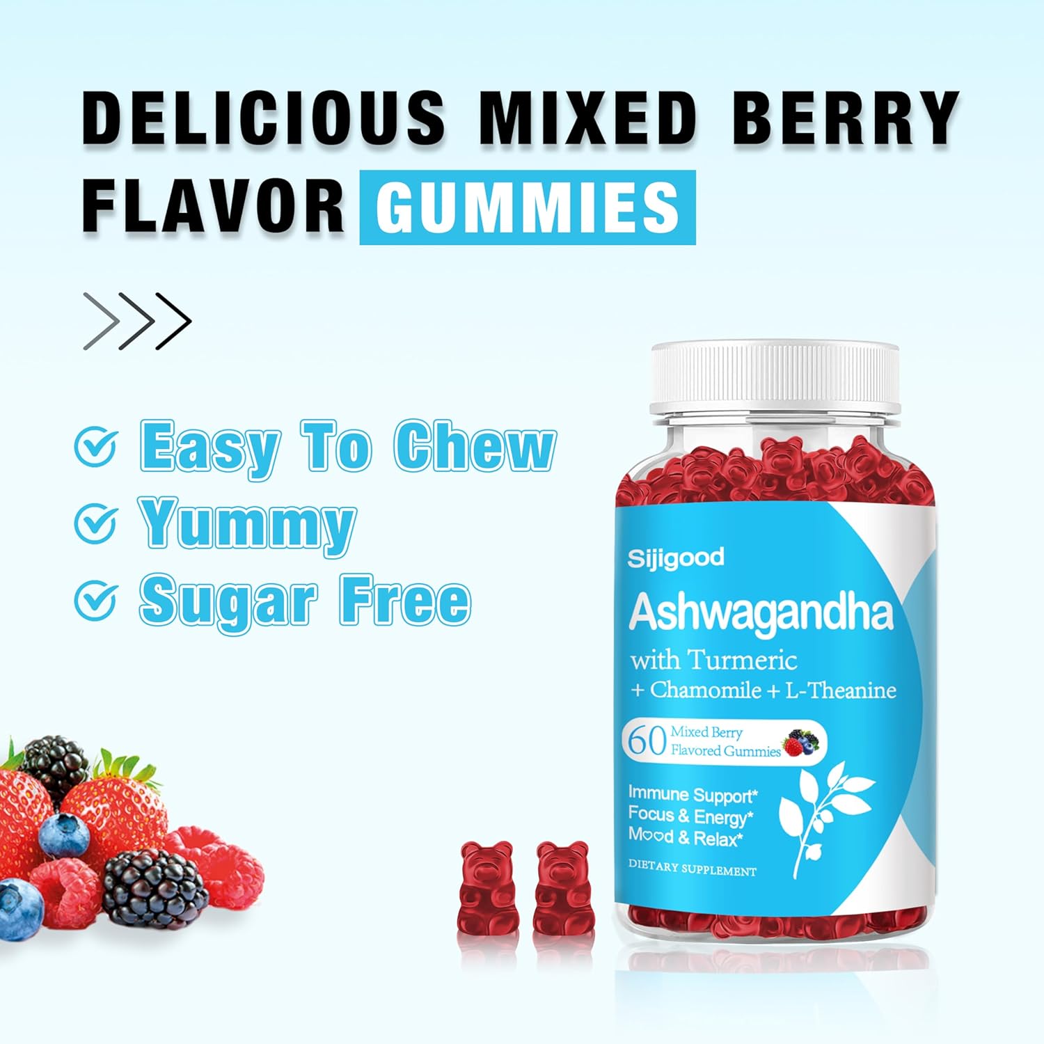2 Pack Ashwagandha Gummies with L-theanine, Ashwa Root Supplement Gummy for Women Men, 120 Mixed Berry Flavored Gummies