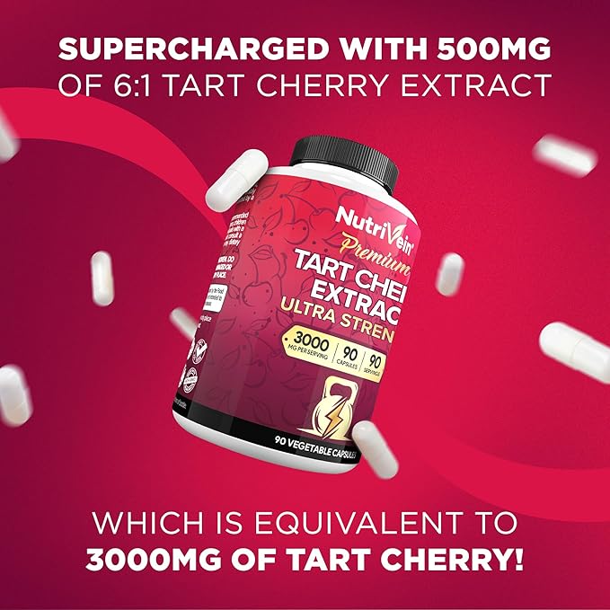 Nutrivein Premium Tart Cherry Capsules 3000mg: Ultra Strength Tart Cherry Extract Supplement for Post-Athletic Recovery, Detox, Rest, & Mobility