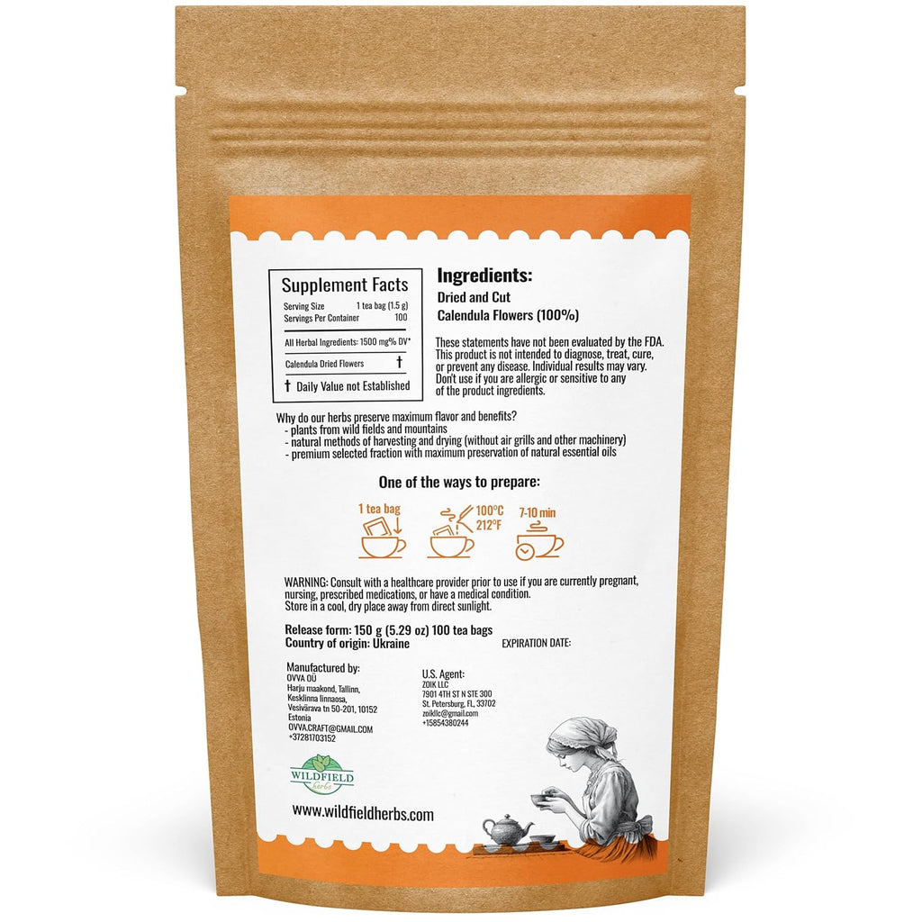 100 Bags Calendula Tea Dried Calendula Flowers Herb Tea (Caléndula Officinalis) - 100 Count 1.5 g Bags Kalendula