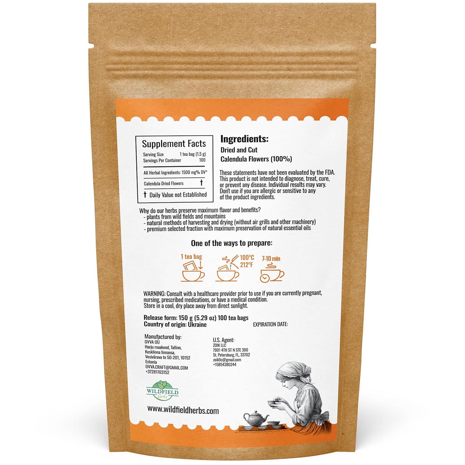 100 Bags Calendula Tea Dried Calendula Flowers Herb Tea (Caléndula Officinalis) - 100 Count 1.5 g Bags Kalendula