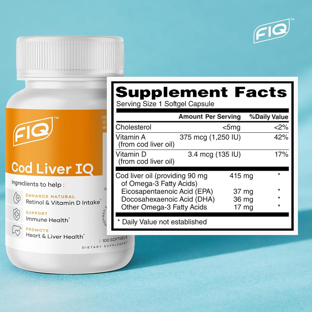 FIQ - Cod Liver IQ - Cod Liver Oil Softgels - Natural Source of Vitamins A & D and Omega-3 Fatty Acids - Heart, Liver & Immune Health - 100 Softgels