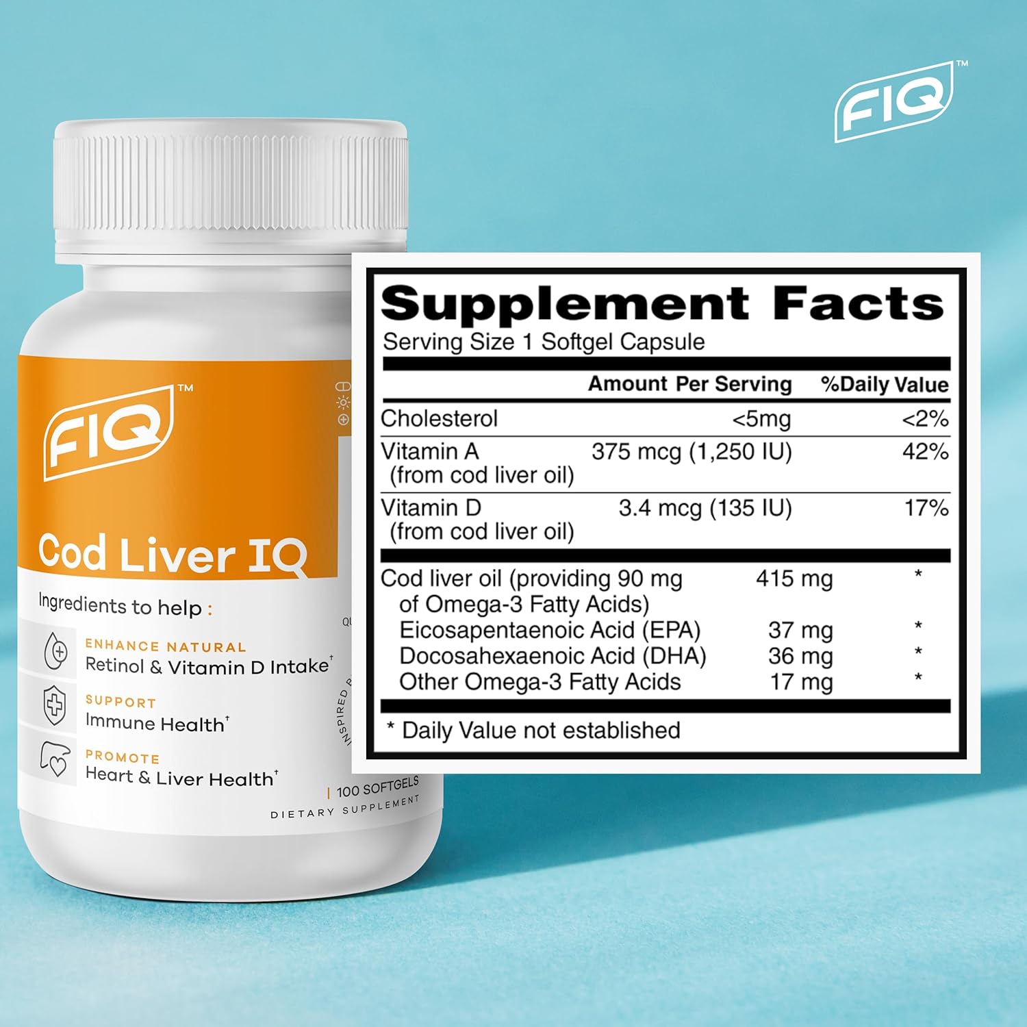 FIQ - Cod Liver IQ - Cod Liver Oil Softgels - Natural Source of Vitamins A & D and Omega-3 Fatty Acids - Heart, Liver & Immune Health - 100 Softgels