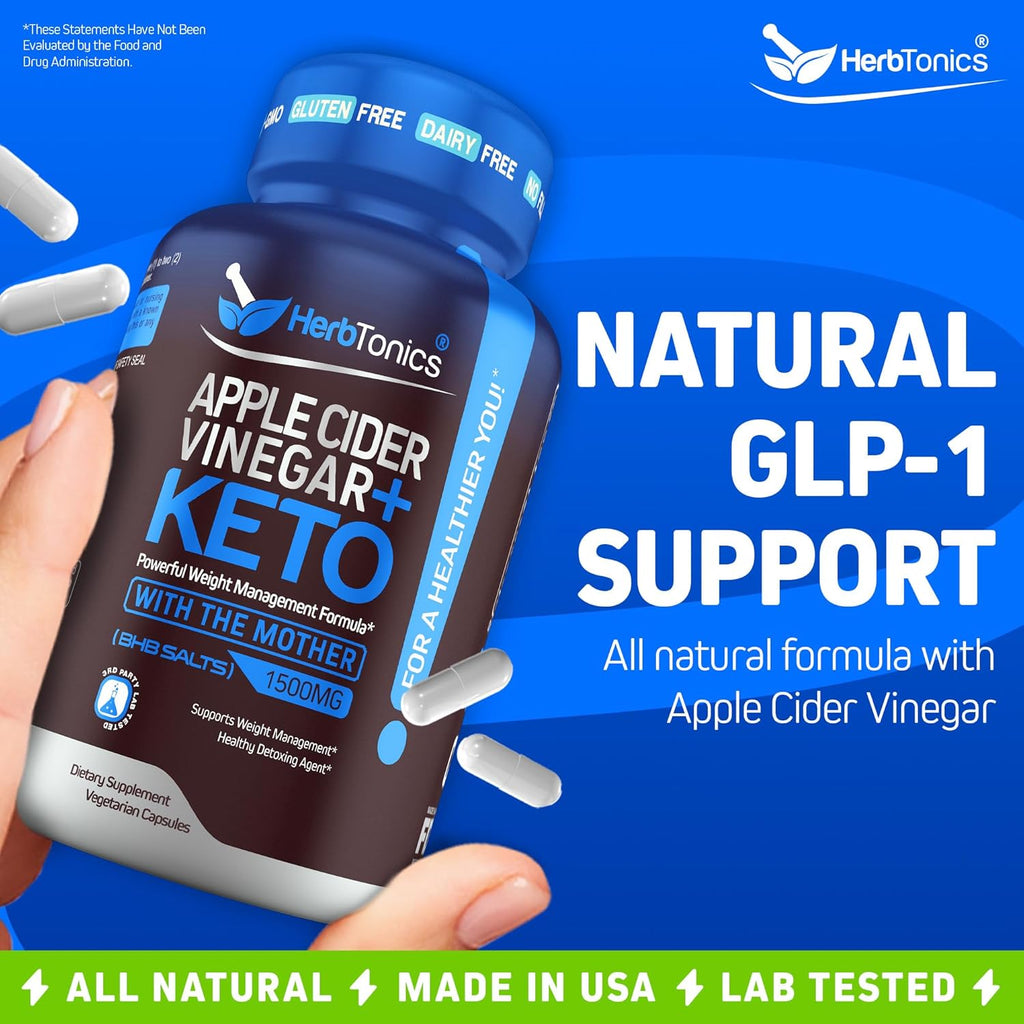 Herbtonics Apple Cider Vinegar with Keto BHB Salts - GLP-1 Support Supplement for Metabolism and Appetite Control, 240 Capsules.