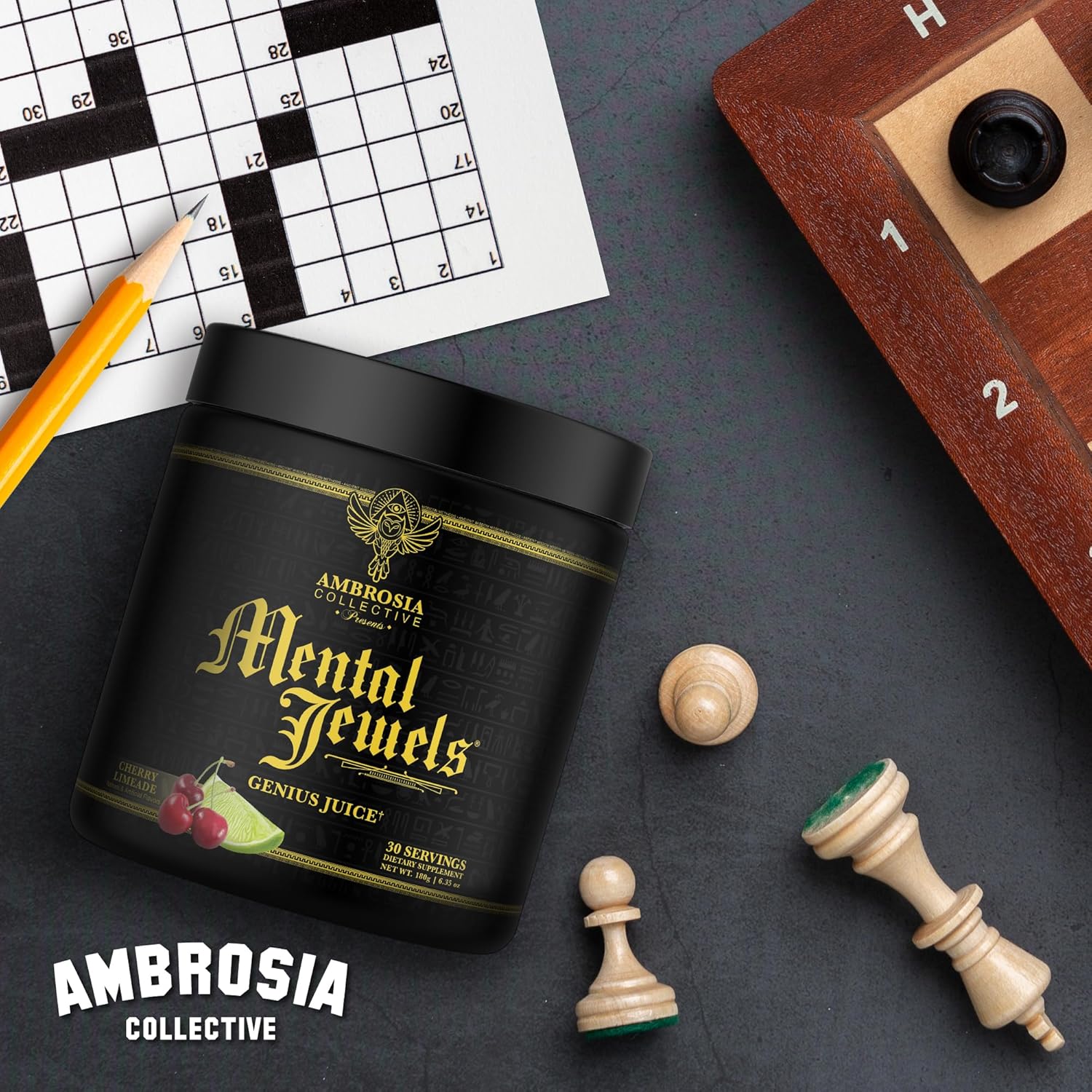 Ambrosia Mental Jewels Powder - Cognitive Enhancer | Increase Memory, Communication Skills, Concentration & Focus | Decrease Reaction Time | Alpha GPC, Choline, BaCognize | 30 Servings| Cherry Limeade