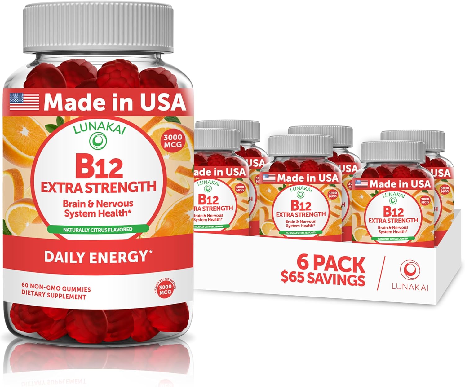 Vitamin B12 Gummies for Adults - Tastiest Proprietary Formula - 3000mcg Methyl B-12 High Absorption Energy Gummies - Non-GMO Vegan Vit B12 - Chewable B 12 for Energy Support and Bone Health - 6 Pack