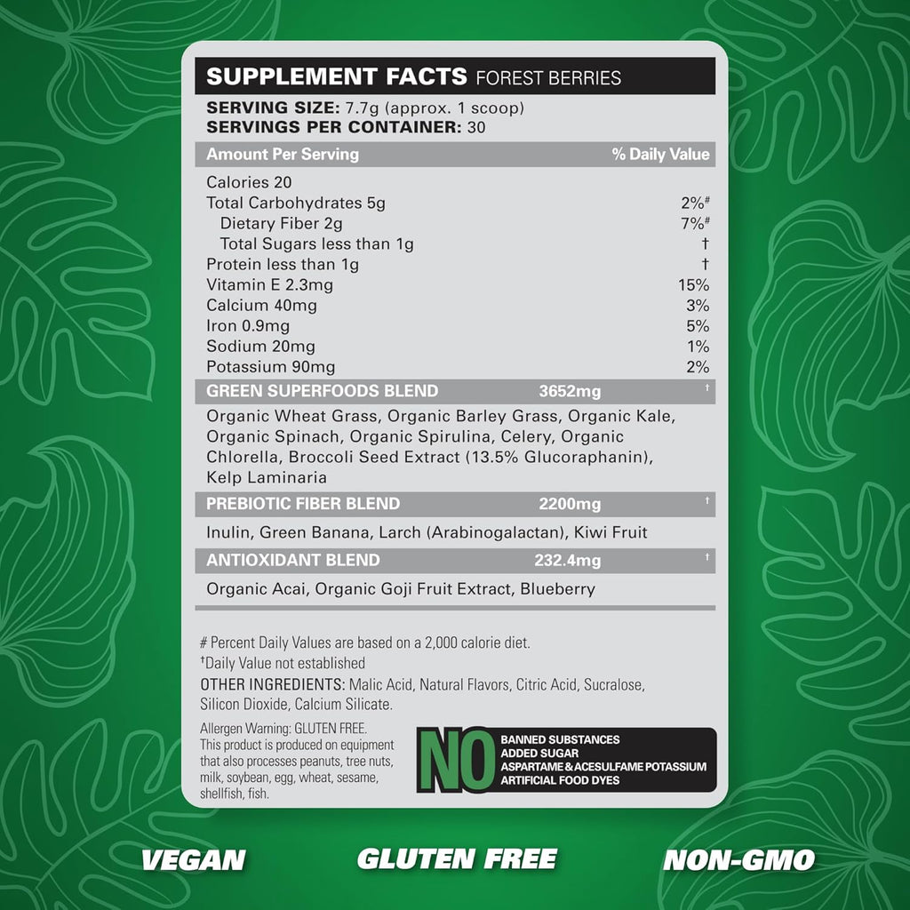 EHP Labs OxyGreens Super Greens Powder – Daily Greens & Superfood Supplement with Spirulina, Chlorella, Prebiotics, Digestive Enzymes, Antioxidants – 30 Servings (Forest Berries)