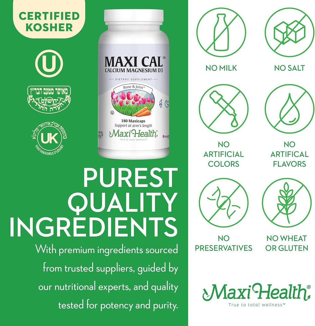 Calcium 1000 mg Supplement with Vitamin D3 (1000 IU) and Magnesium (500 mg) - Bone, Teeth and Joint Support for Men and Women - 180 Capsules - Maxi Cal by Maxi Health