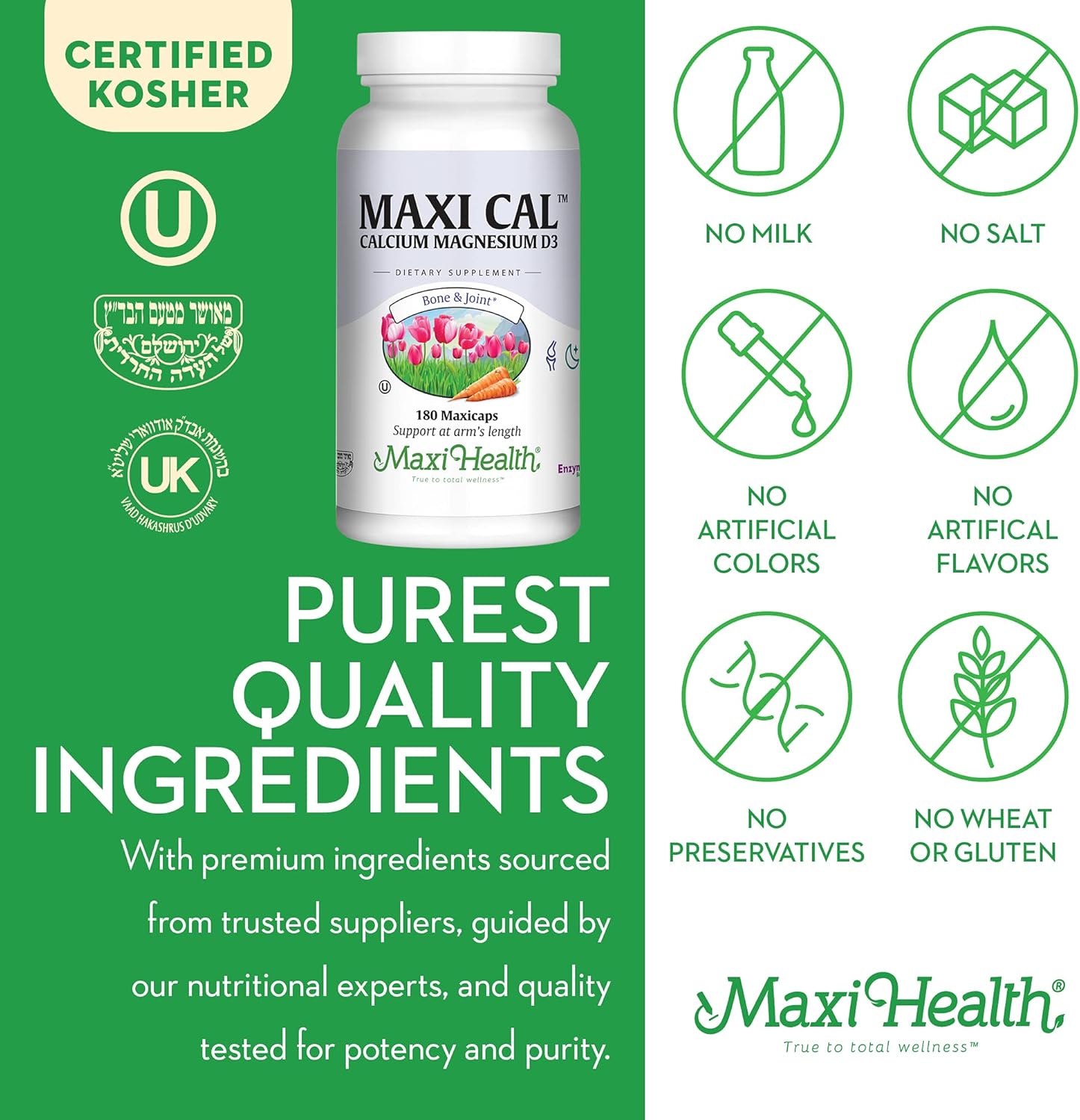 Calcium 1000 mg Supplement with Vitamin D3 (1000 IU) and Magnesium (500 mg) - Bone, Teeth and Joint Support for Men and Women - 180 Capsules - Maxi Cal by Maxi Health