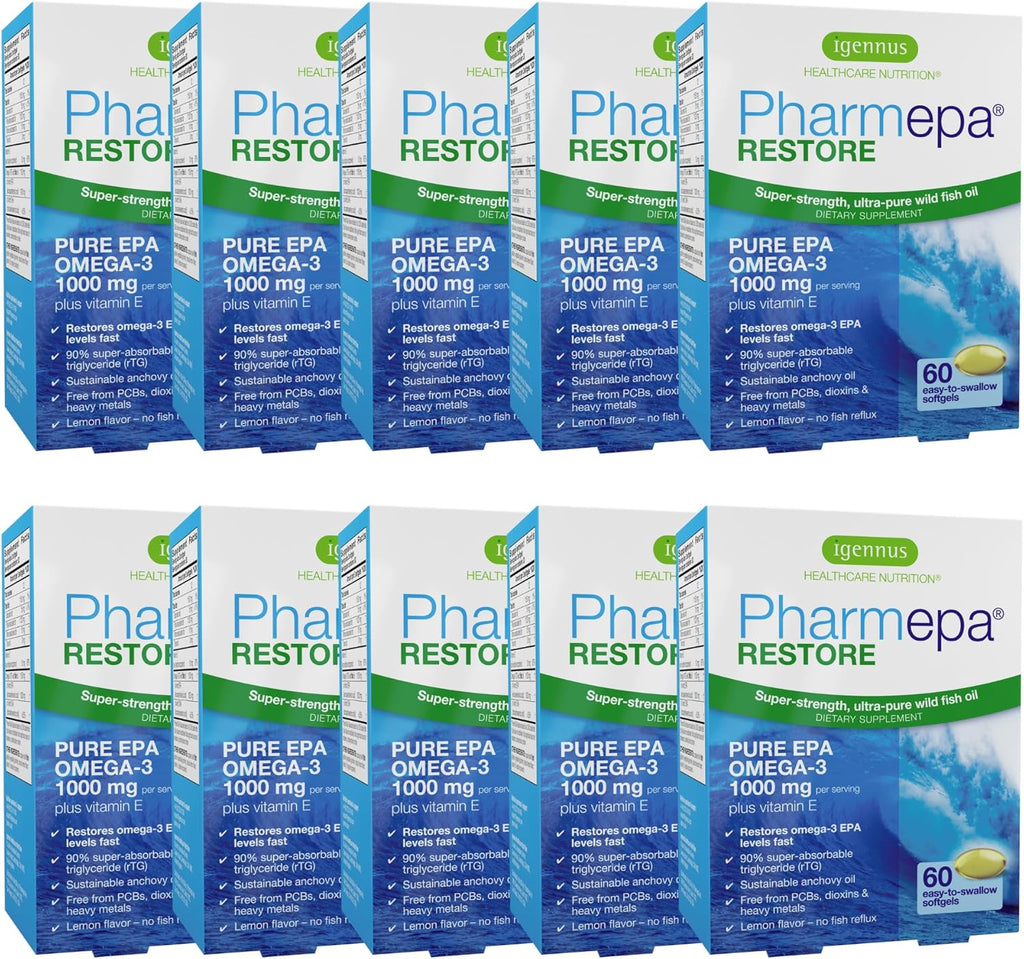 Igennus Pharmepa Restore, Pure EPA 1000mg, Omega 3 rTG Fish Oil, IFOS Certified, High Absorption, 90% Concentration Triple Strength, Wild & Sustainable, Lemon Flavor, 10-Month Supply, Pack of 10