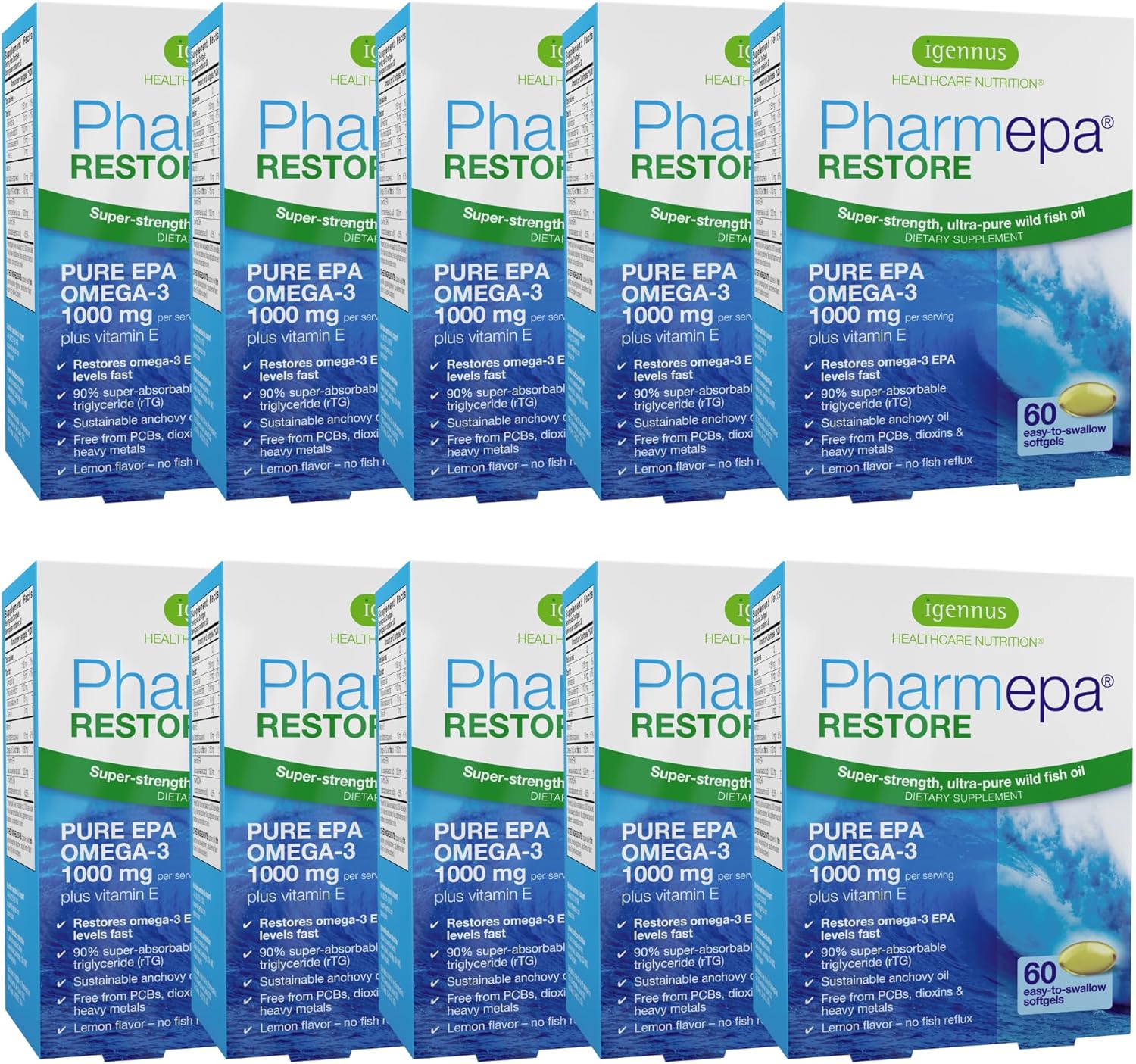 Igennus Pharmepa Restore, Pure EPA 1000mg, Omega 3 rTG Fish Oil, IFOS Certified, High Absorption, 90% Concentration Triple Strength, Wild & Sustainable, Lemon Flavor, 10-Month Supply, Pack of 10