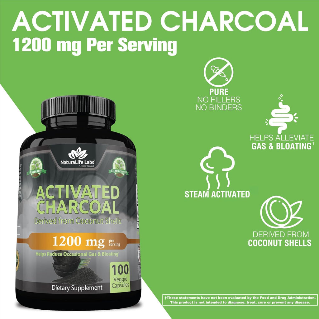 Activated Charcoal Capsules - 1,200 mg Highly Absorbent Helps Alleviate Gas & Bloating Promotes Natural detoxification Derived from Coconut Shells - per Serving - 100 Vegan Capsules