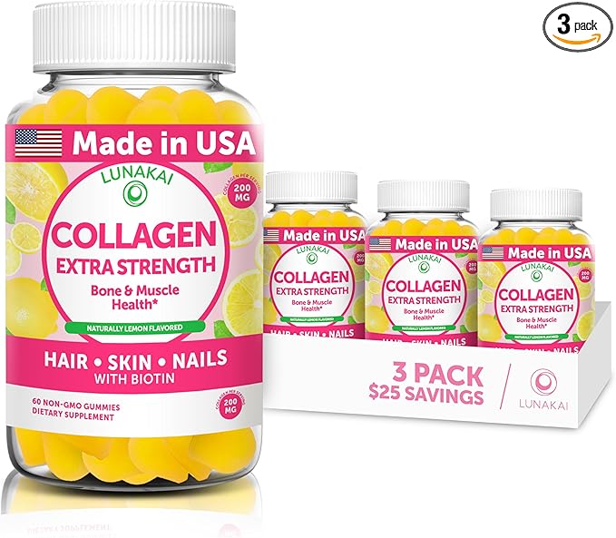 Lunakai USA Made Collagen Peptides Gummies - 200mg Non-GMO Anti-Aging Formula with Biotin, Zinc, Vitamins C & E for Hair, Skin and Nails, 3 Pack
