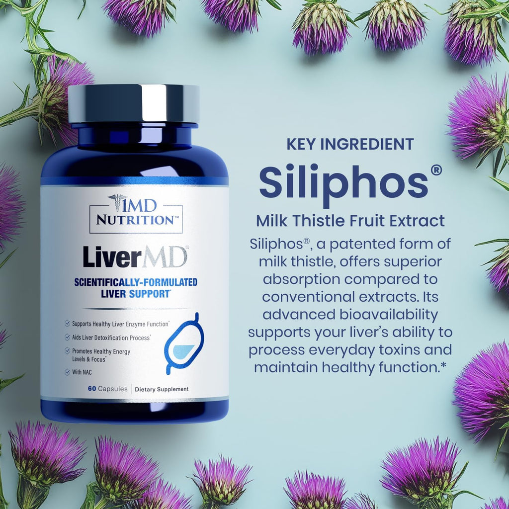 1MD Nutrition LiverMD - Liver Support Supplement | Siliphos Milk Thistle Extract & NAC - Supports Healthy Energy, Immunity & Overall Health - Liver Cleanse & Support | 60 Capsules