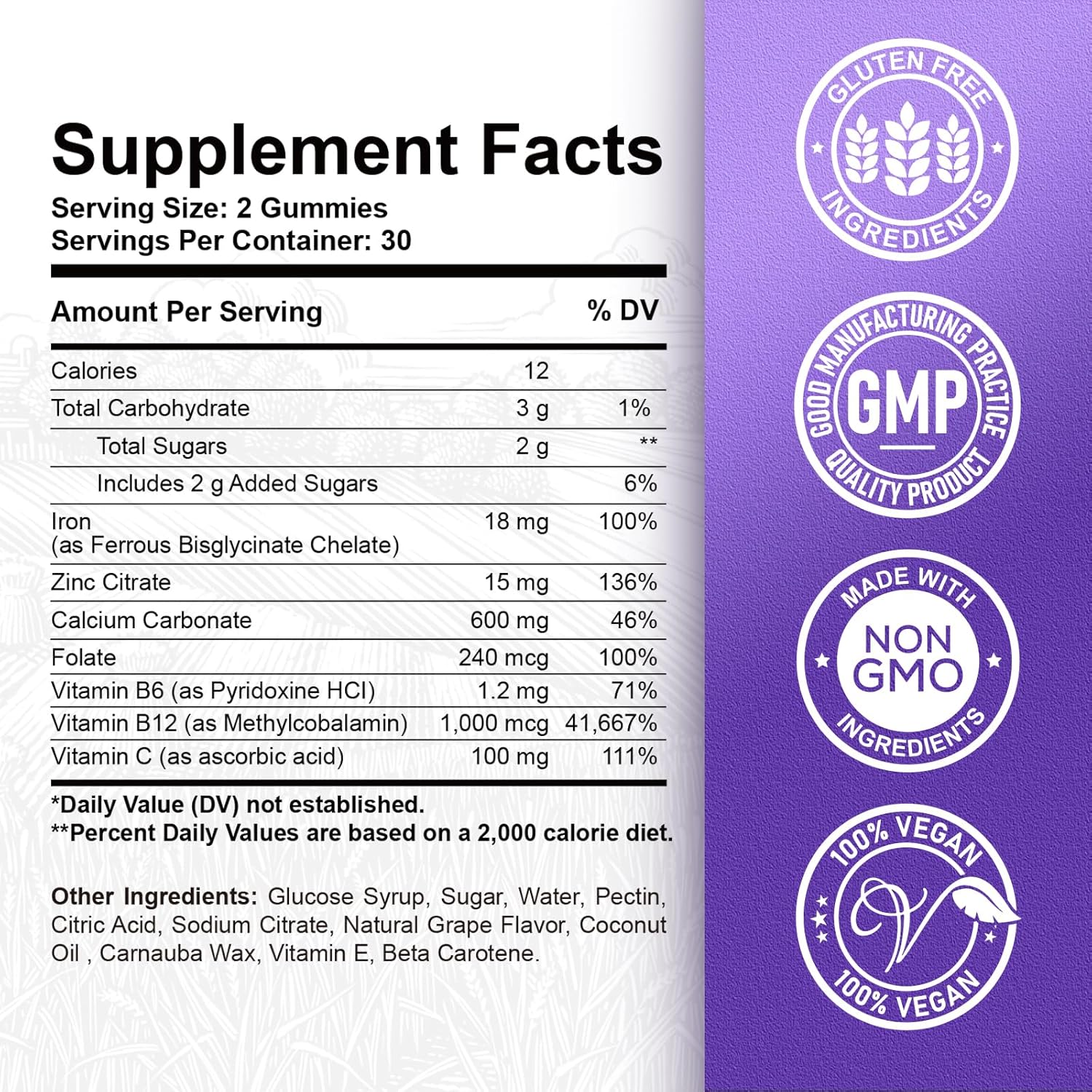 Iron Gummies - with Calcium, Zinc, Folate & Vitamin B12, C, B6 for Adults & Kids - Blood Builder & Energy Support for Iron Deficiency, Anemia, Vegan - Grape Flavour,60 Gummies