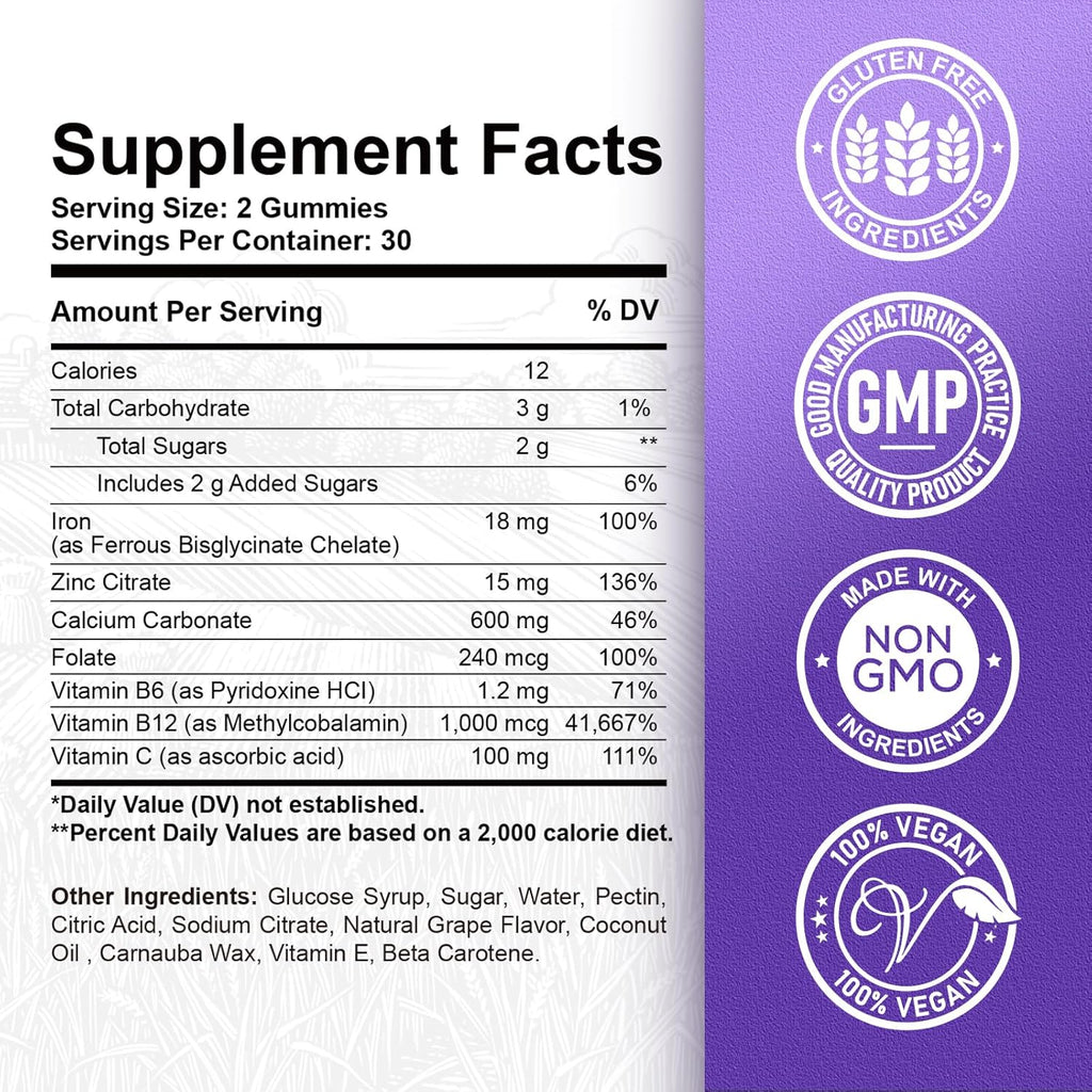 Iron Gummies - with Calcium, Zinc, Folate & Vitamin B12, C, B6 for Adults & Kids - Blood Builder & Energy Support for Iron Deficiency, Anemia, Vegan - 2 Pack Grape Flavour,60 Gummies