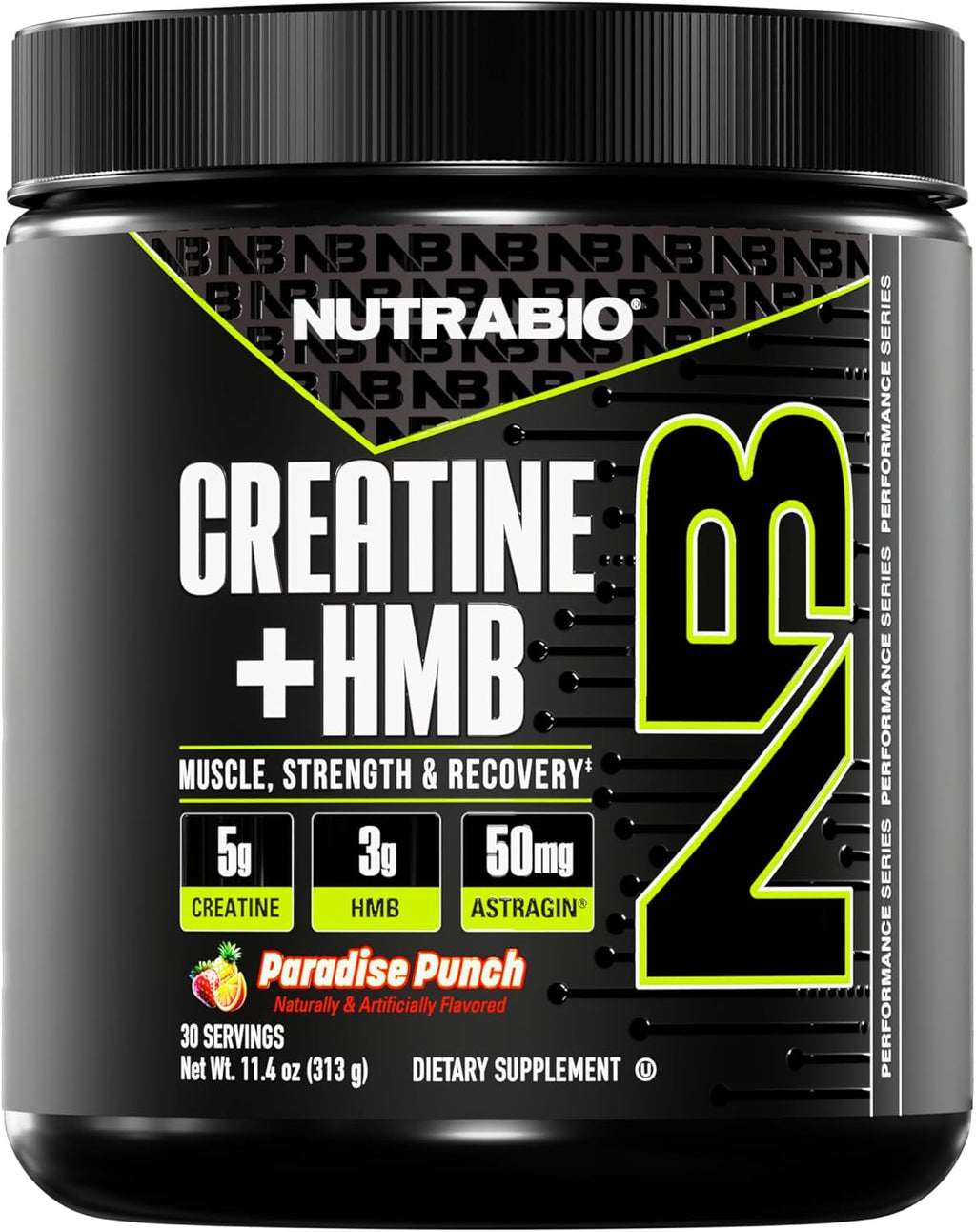 NutraBio Creatine + HMB- Creatine Monohydrate with HMB Powder for Muscle Growth, Increased Strength- 30 Servings (Paradise Punch)