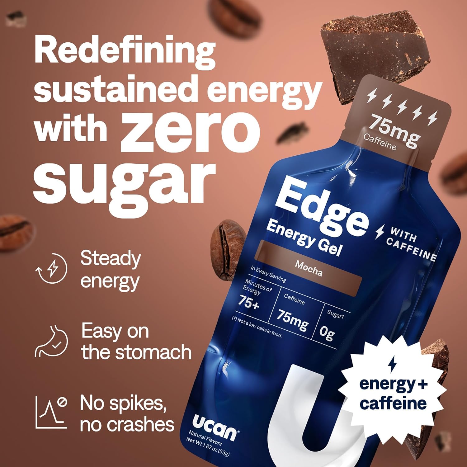 UCAN Edge Energy Gel Shots, Mocha + Caffeine (12, 2 Ounce Packets) for Running, Training, Workouts, Fitness, Cycling, Crossfit | Sugar-Free, Vegan, & Keto Friendly Energy