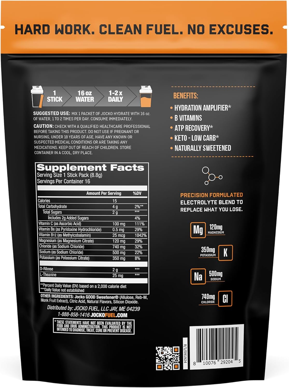 Jocko Fuel Hydrate Electrolytes Powder Packets Low Sugar - Hydration Amplifier Packets for Recovery, Dehydration, & Exercise - with Vitamins B6, B12 & C (16 Packets) Island Orange