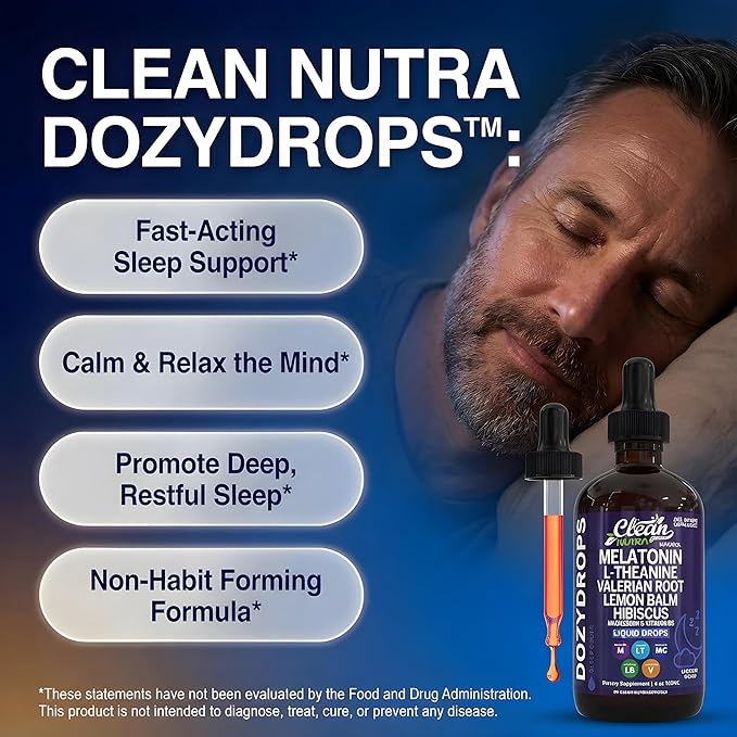 Clean Nutra Melatonin 10mg Drops Magnesium Vitamin B6 L-Theanine Valerian Hibiscus Lemon Balm Supplement Liquid Sugar-Free Vegan Non-GMO Natural Sleep Support Aid Lemon Tea Flavor 120mL Formula