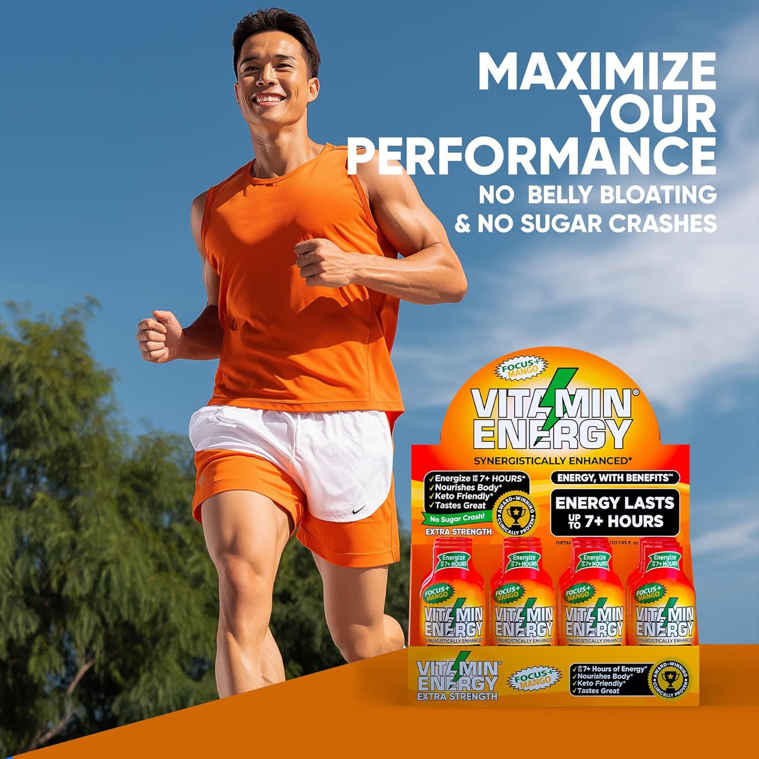 Vitamin Energy Focus+ Extra Strength Energy Shot Mango 48 Pack, 260mg Natural Caffeine, B-Vitamins, CoQ10, Amino Acids, Focus, Productivity & Clarity, Zero Sugar, Gluten-Free, 1.93 fl oz