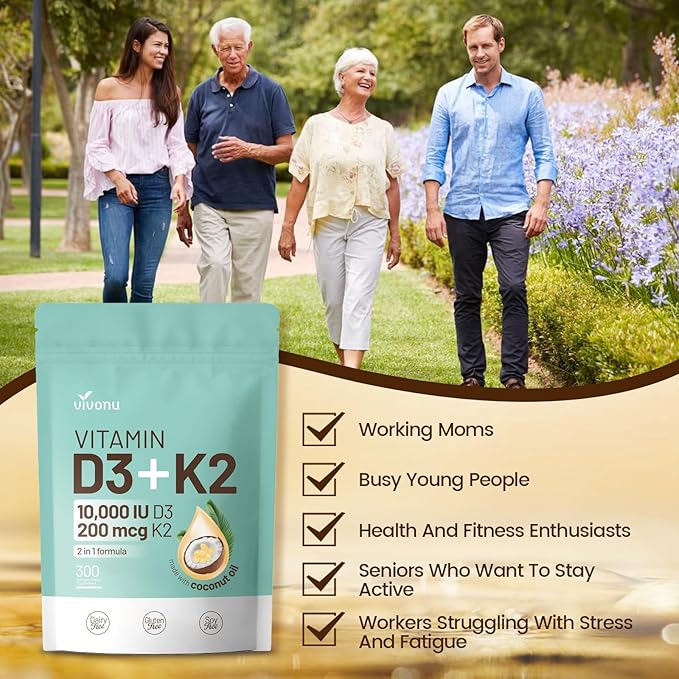 Vitamin D3 10000 iu Plus K2 (MK-7) 200 mcg, 300 Coconut Oil Softgels| 2 in 1 VIT D & K Complex | Supports Calcium Absorption, Bone, Immune, & Heart Health – Easy to Swallow (900 Softgels /3 Bag)