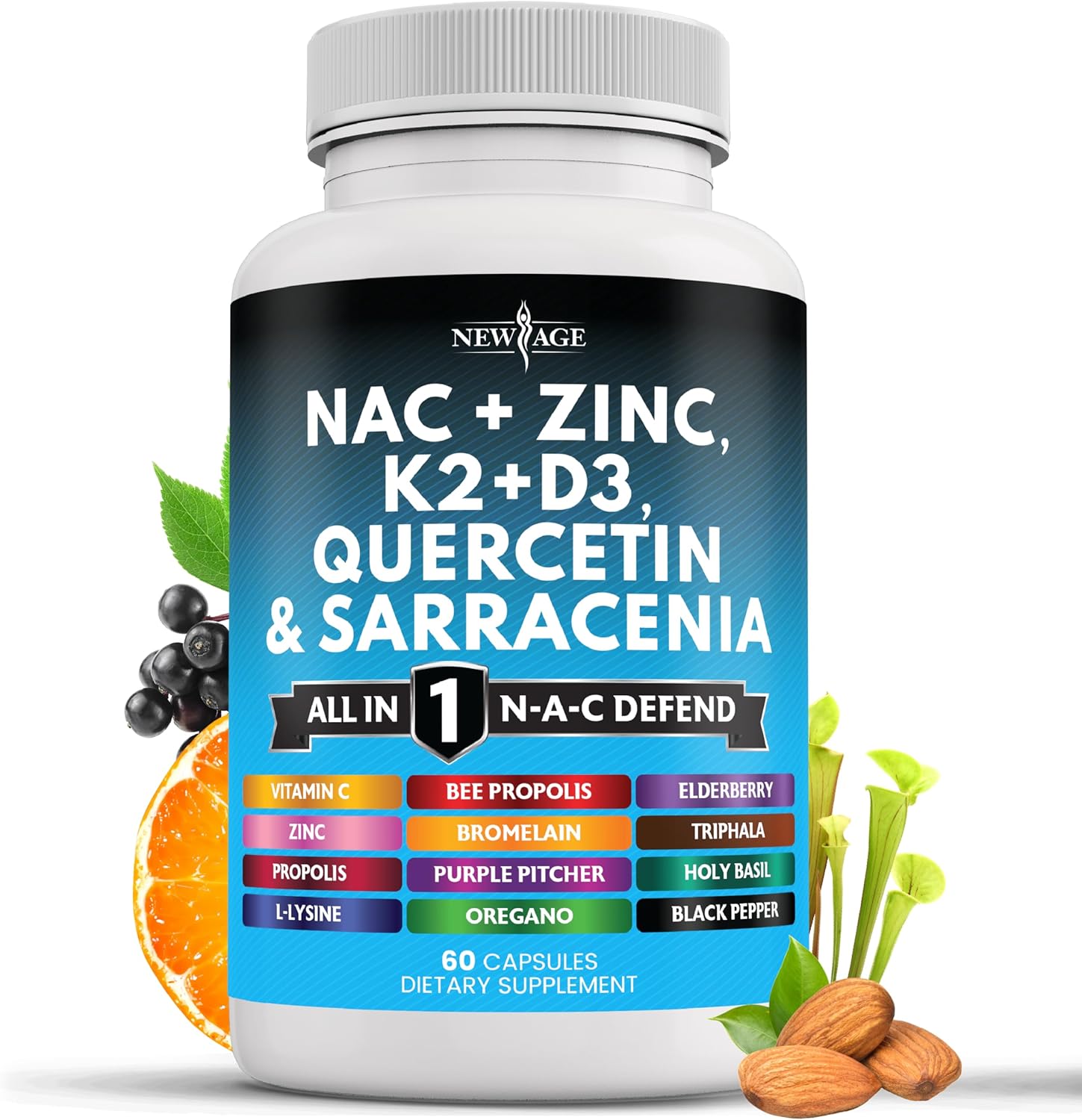 NEW AGE NAC Supplement N-Acetyl Cysteine- with Vitamin D3, K2, Zinc, Quercetin, Triphala, Sarracenia Purpurea, Elderberry, Holy Basil, Bee Propolis, Bromelain, L-Lysine - 60 Count