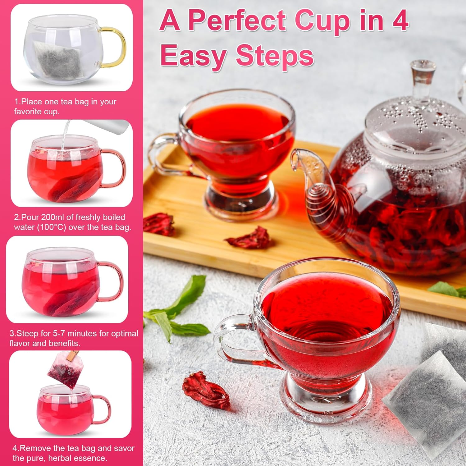 Hibiscus Tea Bags 2g x 60 Teabags | 100% Natural Hibiscus Immune & Antioxidants Support | Tart & Refreshing Herbal Tea | Caffeine-Free