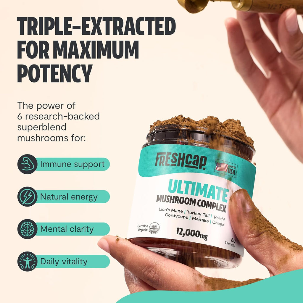 FreshCap Mushrooms Ultimate Mushroom Supplement Powder 12,000mg - Nootropic Organic Mushroom Complex for Focus & Memory, Brain Support Supplement, Ayurveda Mushroom Powder Extract (60 Servings)