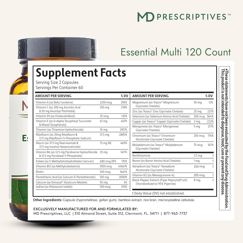 MD Prescriptives - Essential Multi (Delayed Release) - Multivitamin Mineral Complex Supplement for Enhanced Hormone Support - 120 Capsules